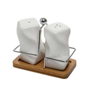 نمکدان و فلفل پاش سرامیکی رومیزی با استند چوبی